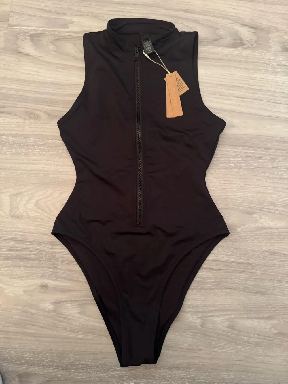 SKIMS | Recycled Swim Sleeveless One Piece | High Neck | Zip Up | Onyx | Size XS